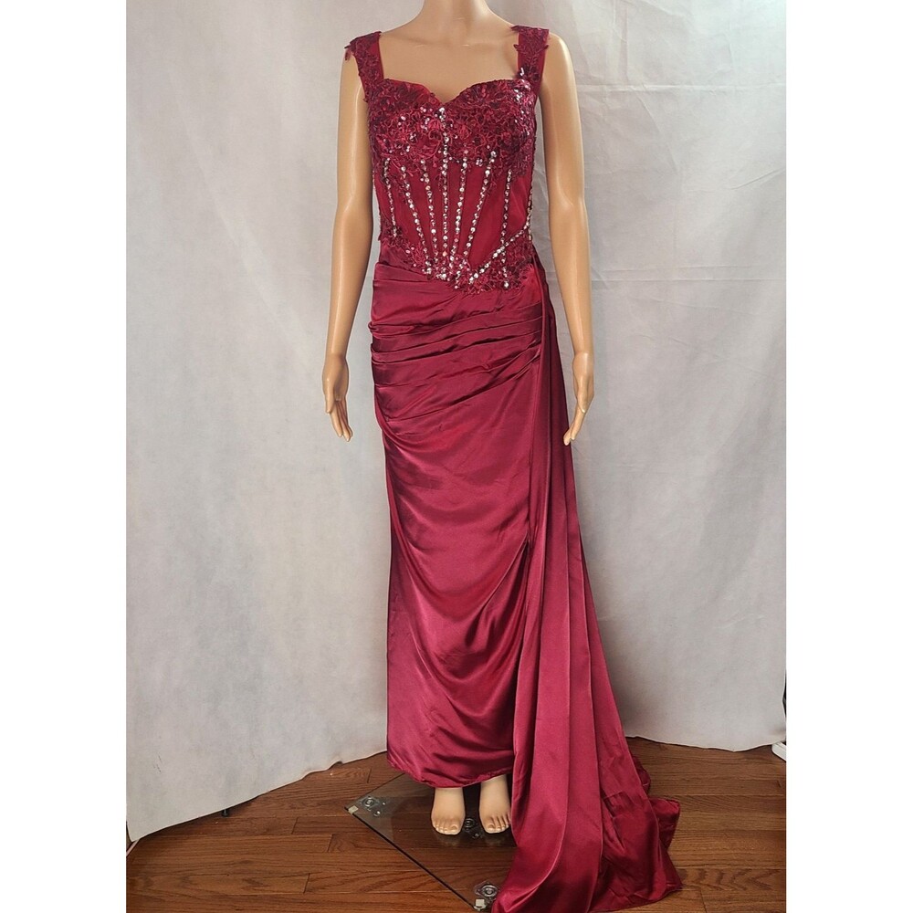 New Prom (18W) Burgundy Lace/Satin Sequin Off Shoulder Rouched High Slit Dress - Picture 2 of 14
